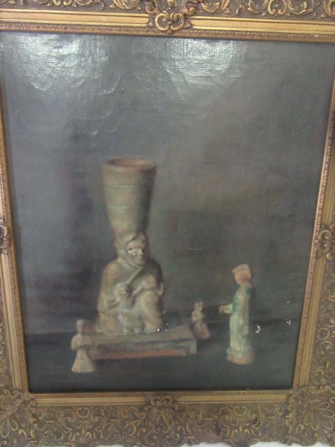 Hovsep Pushman. Oil. Signed: Oil on canvas, still life with statue, Signed L R. Hovsep Pushman 24"H. x 20"W.