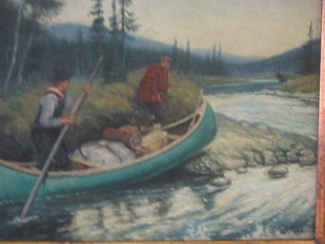 After Philip R. Goodwin American Oil Hunting Scene: Oil on wood panel, after Philip R. Goodwin, signed L,R Philip R Goodwin,a hunting scene with two hunters in a canoe with moose in the background, 12" x 16"