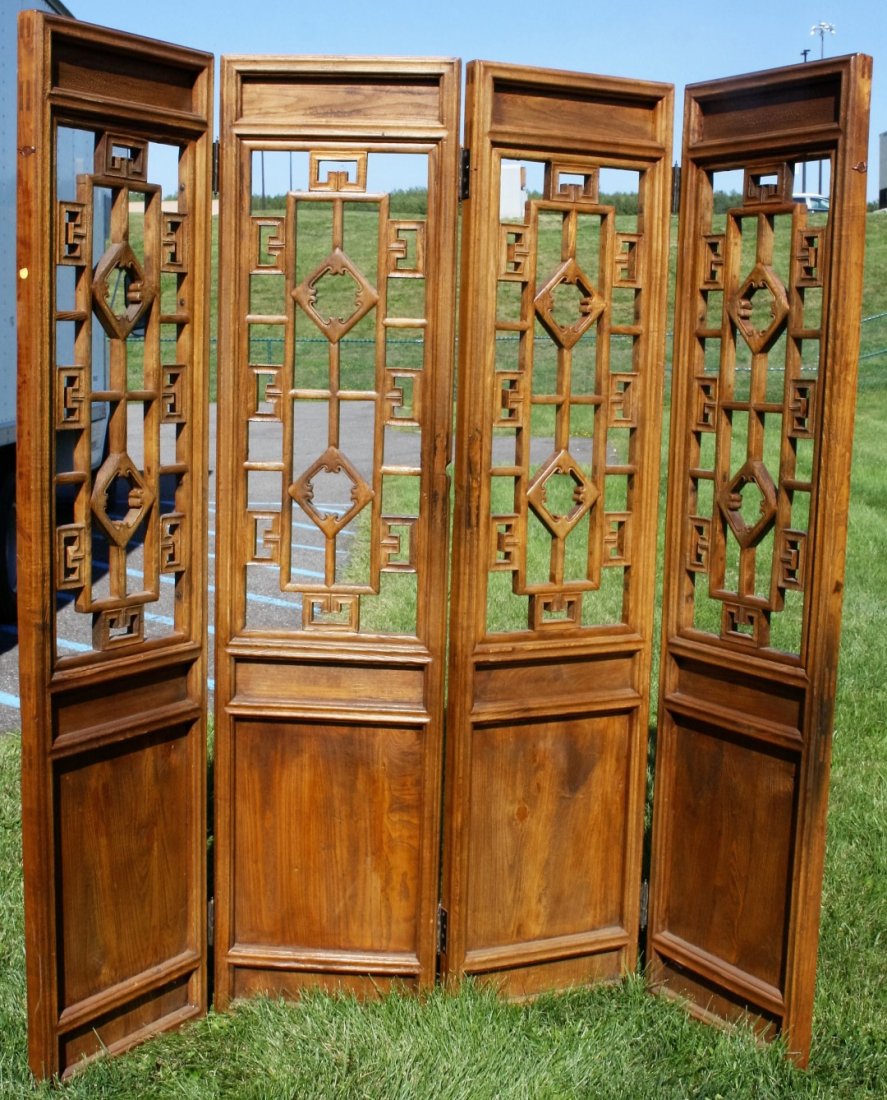 Early Chinese Carved Wood Screen: Carved wood screen; 79.5in.H. x 19in.W. (each panel)
