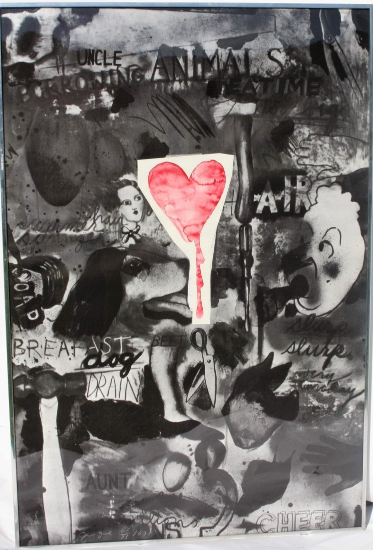 Jim Dine Framed Mixed Media Print Signed: Lithograph, photolithograph, collage and watercolor. PicabiaII(Cheer) 1971. Signed l.l. , dated and numbered 65/75; 54in. X 36in.