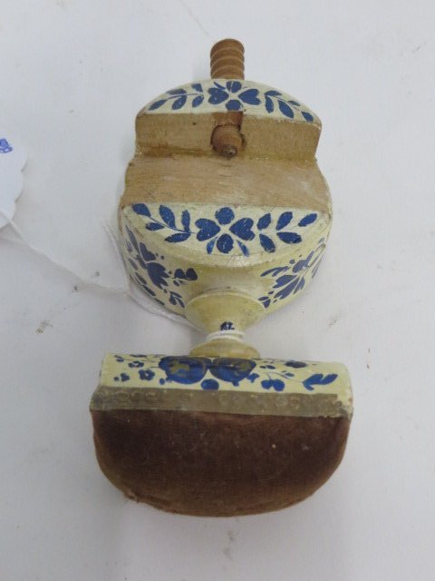 Antique Sewing Clamp Pin Cushion: 19th C. Sewing clamp, wooden with hand painted decorations in blue on white. Mirrored side is as is, 4"