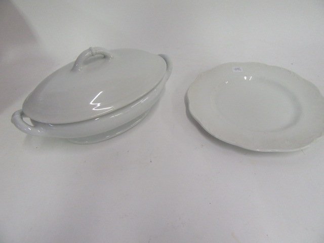 English Ironstone Tureen and Plate: English Ironstone Tureen, With Lid. Marked Clementson Ironstone, Included in the lot is a plate that is marked J. & G Meakin Sterling. Tureen is 11 1/2" W and the plate is 10"D.