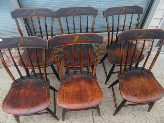 Windsor Chairs. Set of Six: Set of Six Windsor Chairs, Hand decorated back rails, perhaps with parsnips. Plank Seats. Good condition 32"H.
