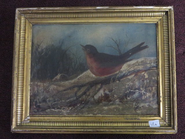 Shepperd Alonzo Mount. Oil. Signed: Oil on board, a red breasted robin, signed on the reverse, S. A.Mount and dated 1868. Shepperd Alonzo Mount was the brother of William Sidney Mount. Framed. 8 1/2"H. x 12"W.