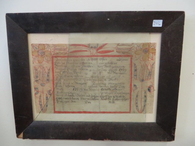 Pennsylvania Watercolor Fraktur. Dated 1860: Pennsylvania Watercolor Fraktur Dated 1811 Framed (Glass broken) 7 1/2"H. x 12 1/2"W