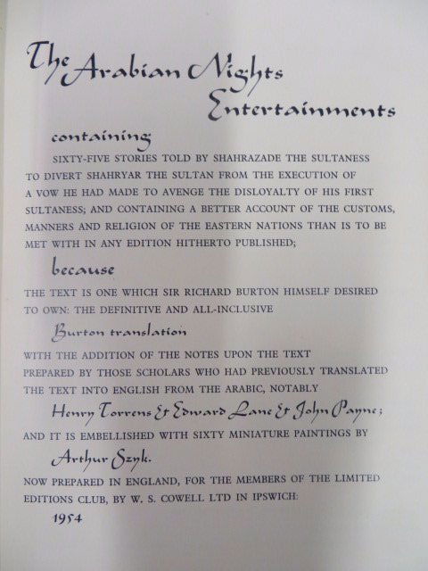 Burton Arabian Nights Entertainments. 4 Vols.: Burton, Richard (translator). The Arabian Nights Entertainments. 4 Vols. Illustrated by Arthur Szyk. Unsigned.