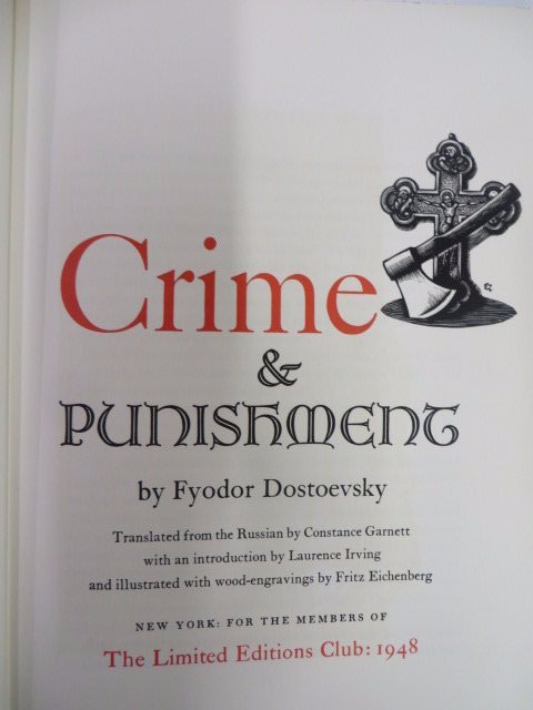 Dostoevsky. Crime & Punishment. 2 Vols.1948: Dostoevsky, Fyodor. Crime and Punishment. 2 vols. 1948. Signed by Fritz Eichenberg. LEC. With sleeve.