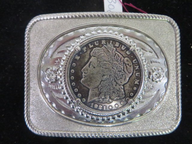 Belt Buckle. 1921 Morgan Silver Dollar: Belt Buckle mounted with a 1921 Morgan Silver Dollar