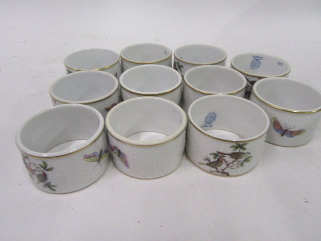 Herend Napkin Rings (11): Bird and Flora decoration. Marked Herend 2"W.
