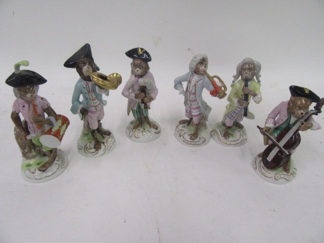 Meissen Monkey Band. (Six): Meissen Monkey Band. Crossed Sword mark, with an S. Six in th lot. Included is a seventh, the violinist who has a broken bow.