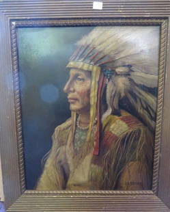 John Henry Sharp. Oil. Indian Chief. Signed: John Henry Sharp. Oil. Indian Chief. Signed lower right, J H. Sharp. 18 3/4"H. X 15"W/