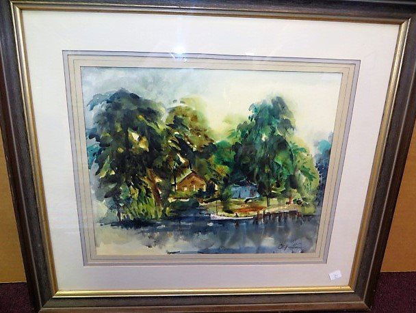 Charles Webster Hawthorne. Watercolor. Signed: Charles Webster Hawthorne. Watercolor with house and boat. Signed L. R. C. W. Hawthorne. Framed. 14"H. x 18"W