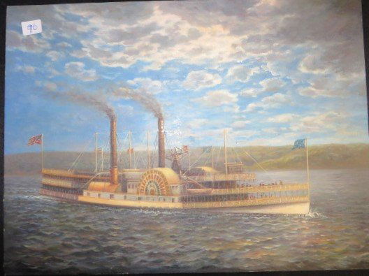 Attr. to James Bard. Paddlewheeler Oil: Attributed to James Bard. Paddlewheeler on the Hudson, oil on copper. 12"H. x 16"W.