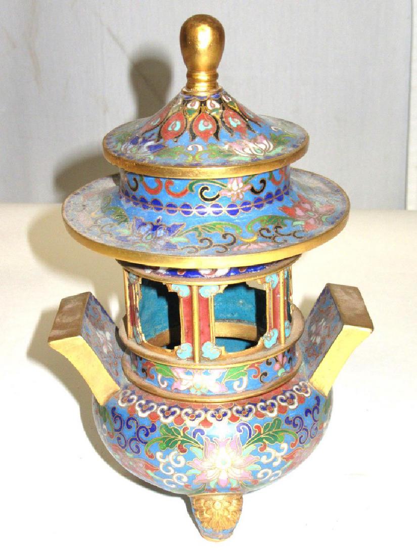 Chinese Cloisonne Incense Burner: Four part pagoda like Chinese Cloisonne Incense Burner. 10"H.