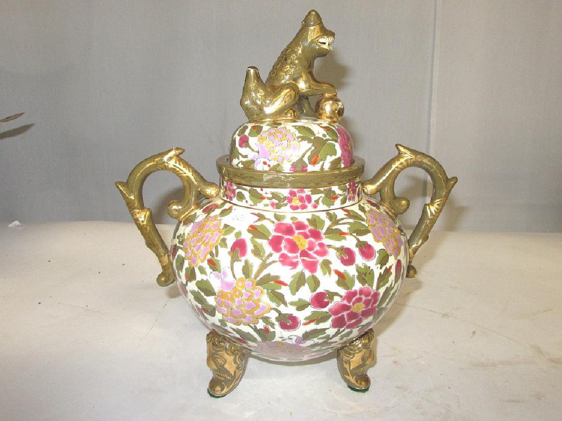 Budapest Incense Burner Foo Dog Finial: Marked Budapest and Numbered 5910 on this Zsolnay like Incense Burner. Repair on ball beneath foot of the dog and on tail) 12"h.