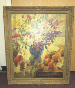 Dorothea Sharp. Important Oil. Signed: Important American Oil, on Board, Still Life with Flowers and Fruit, Signed L. R. Dorothea Sharp. 30"H. x 24"W.