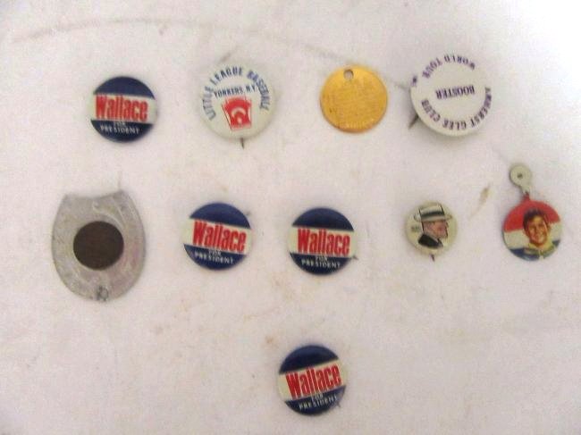 Pinback. Cartoon and Political (12): Wallace for President (5); Schweiker; Dick Tracy; Boy Scouts; Amherst Glee Club Booster, World Tour; Little League Baseball, Yonkers, NY; Am Vets medal with pledge of allegiance at the back and Freedo