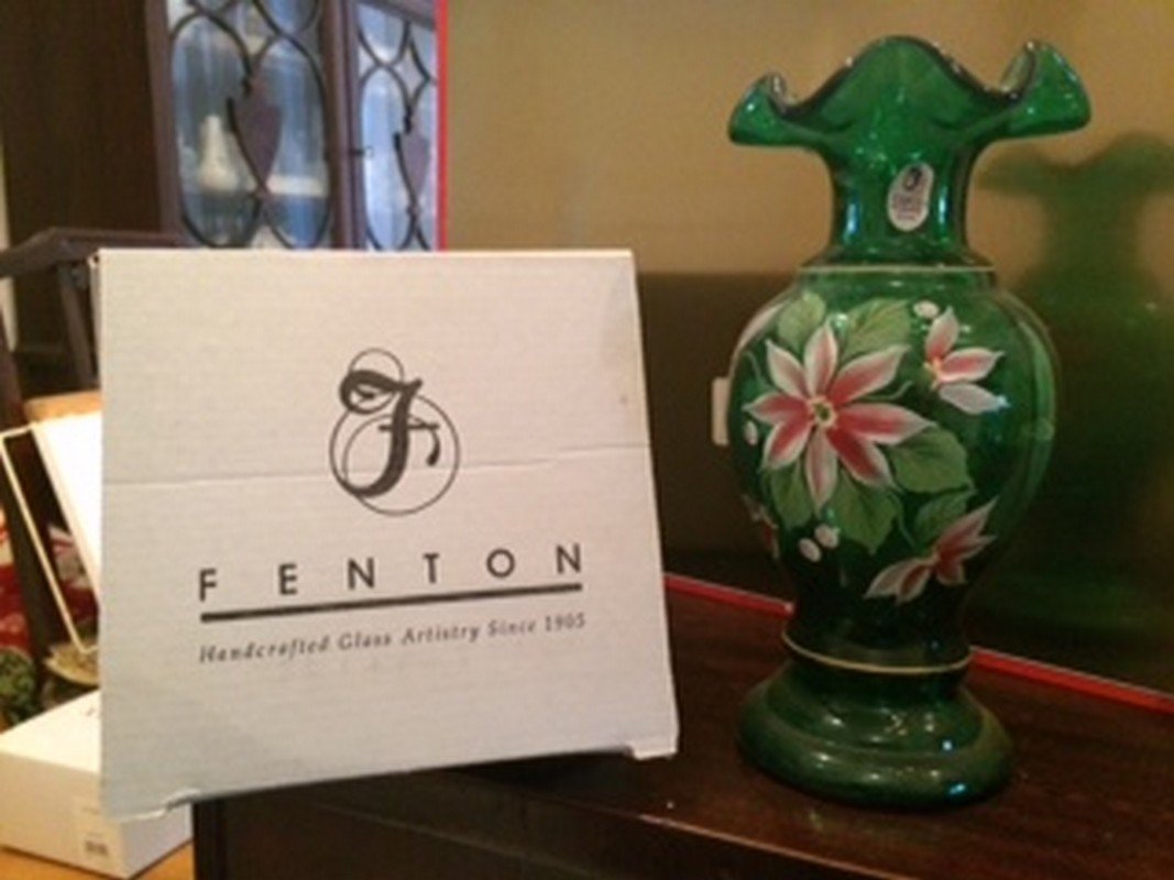Fenton Green Vase w/ Hand Painted Flowers (1 of 1)