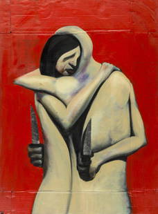 δ Adam Neate (b.1977) The Couple: δ Adam Neate (b.1977)The CoupleAcrylic with silver leaf on cardboard, 2008, signed with the artist's monogram lower left, 890 x 650mm (35 x 25 ½ in)Provenance:The Adam & Ron Show,
