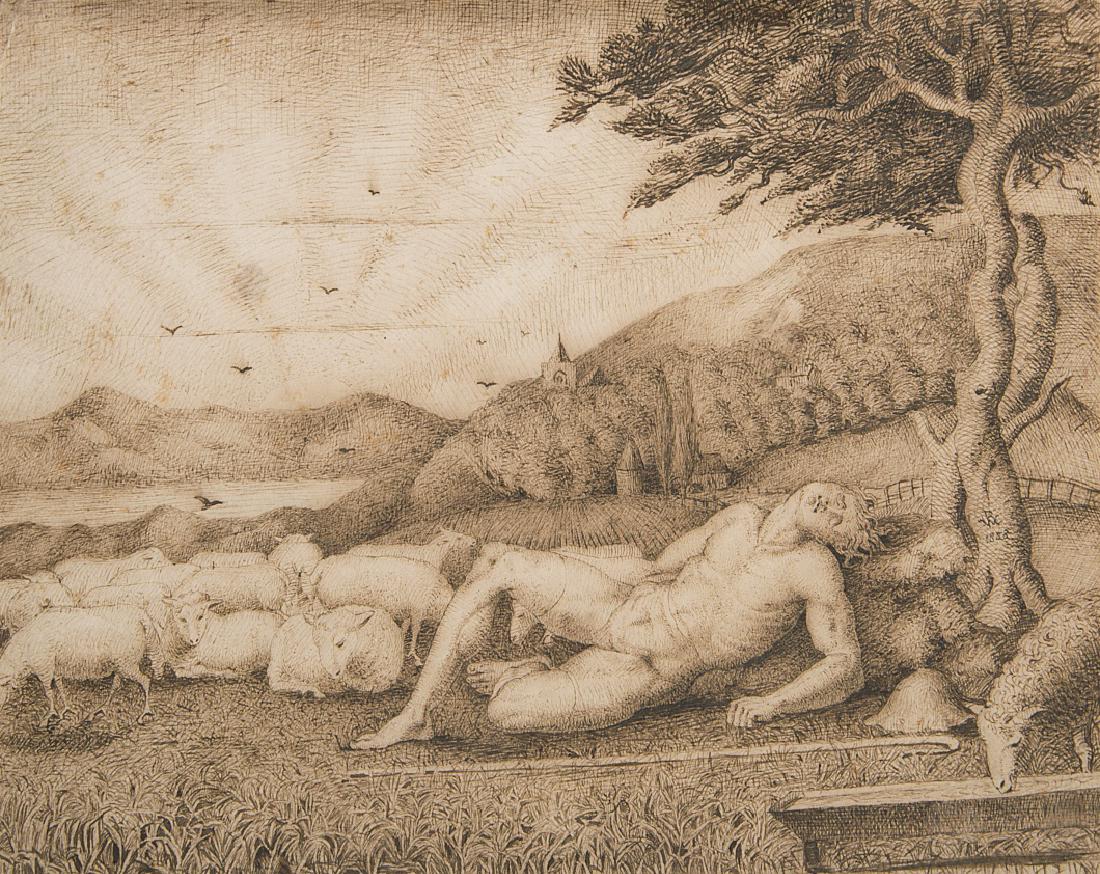 Richmond (William Blake, 1842-1921), The Arcadian: Richmond (William Blake, 1842-1921) The Arcadian Shepherd, 1858, pen and brown ink, on wove paper without watermark, signed with monogram on tree trunk and dated '1858', 145 x 185 mm. (5 3/4 x 7 1/4 i