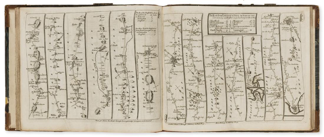 England.- Ogilby (John) and John Senex., The Roads: England.- Ogilby (John) and John Senex. The Roads through England Delineated or, Ogilby's Survey, revised by John Senex, engraved calligraphic title, 4 letterpress leaves, engraved general map and 101