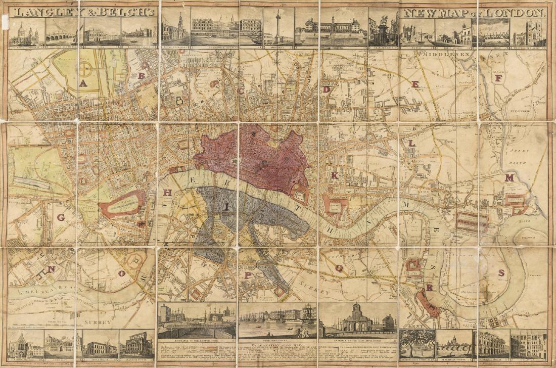 London.- Langley (Edward) and Belch (William) Langley &: London.- Langley (Edward) and Belch (William) Langley & Belch's New Map of London, from Hyde Park to East India Docks in the east, and Vauxhall to Islington, with 24 small vignettes in upper and lower