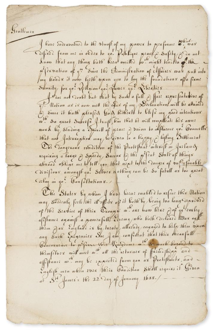 Glorious Revolution.- William III. Letter to Parliament (1 of 1)