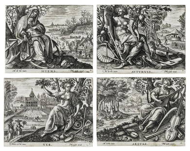 Attributed to Adriaen Collaert (1560-1618) The Four: Attributed to Adriaen Collaert (1560-1618) The Four Seasons, after Marten de Vos (1532-1603) Engravings, circa 1590, the set of four, on fine laid paper, 'Summer' and 'Winter' both with watermarks of