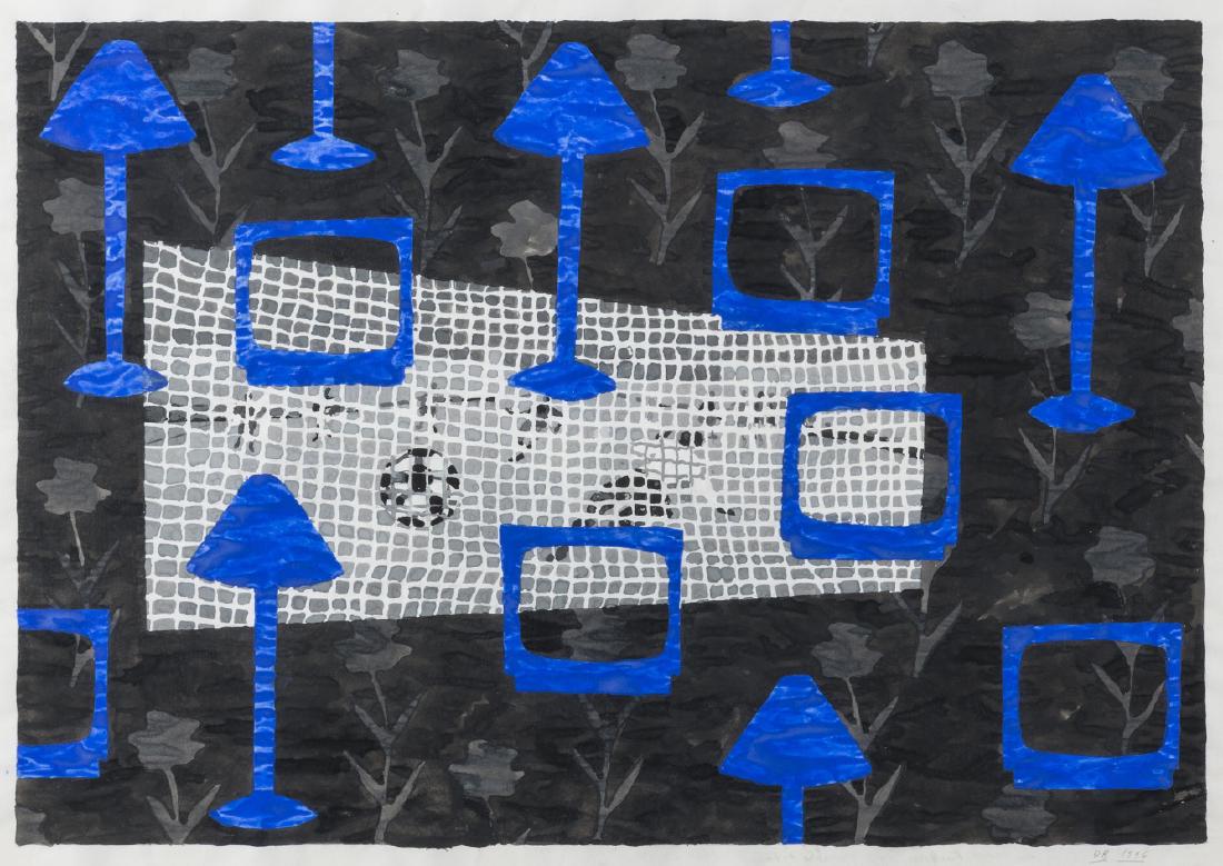 δ Derek Boshier (b.1937) Penalty: δ Derek Boshier (b.1937)PenaltyGouache and acrylic on paper, 1996, signed and dated in black ink, with margins, sheet 420 x 590mm (16 1/2 x 23 1/8in)δ This lot is sold subject to Artists Res