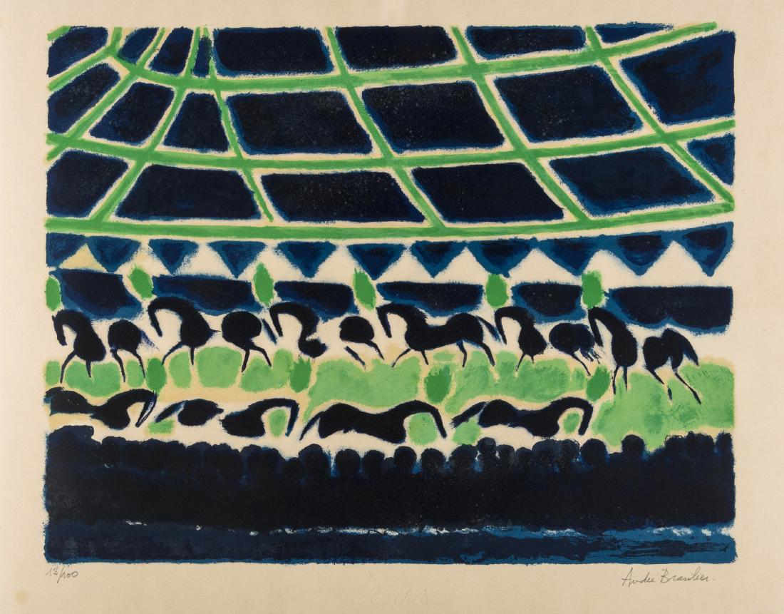 δ Andre Brasilier (b.1929) Untitled: δ Andre Brasilier (b.1929)UntitledLithograph printed in colours, signed and numbered from the edition of 100 in pencil, on Arches paper, with margins, 580 x 755mm (22 3/4 x 29 3/4in) (unframed)&#