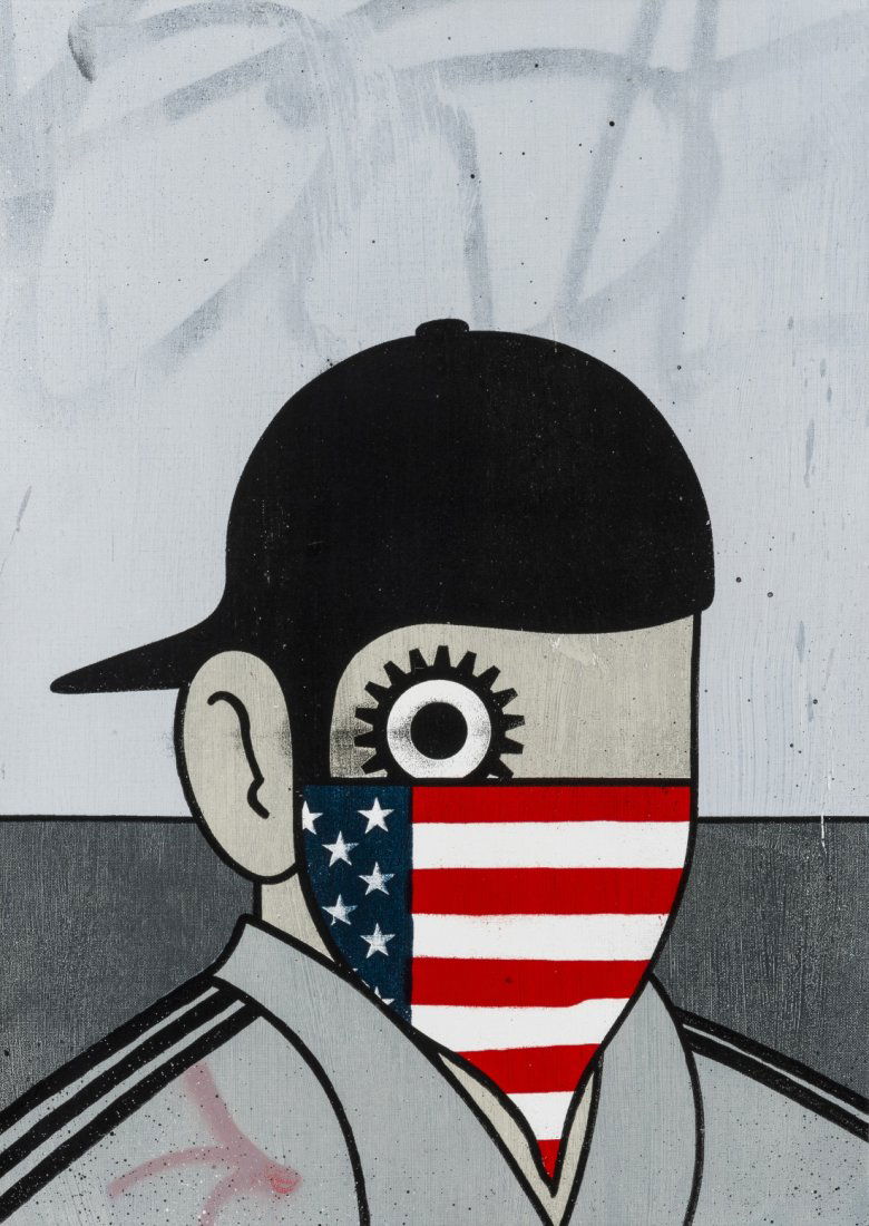 δ Paul Insect (b.1971) Clockwork USA: δ Paul Insect (b.1971)Clockwork USASpray-paint and screenprinting ink on canvas, 2012, signed, dedicated, dated and numbered from 4 in black felt-tip pen verso, 70.5 x 51cm (27 ¾ x 20in)^