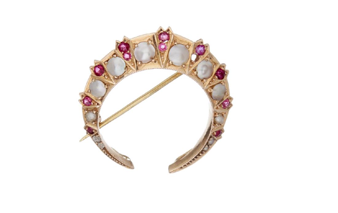A late 19th century half pearl and ruby crescent brooch (1 of 2)