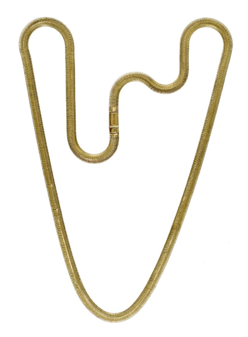 A gold coloured serpentine link necklace by Chimento: A gold coloured serpentine link necklace by Chimento, to a box snap clasp, signed Chimento, stamped 750 with Italian punzoni, 68cm long, 54.6g