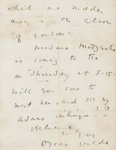 Wilde (Oscar) Autograph Letter signed, fragment, 2pp.: Wilde (Oscar, writer, 1854-1900) Autograph Letter signed, 2pp. fragment only of a longer letter, 8vo, n.p., n.d. [?1880], "... to me the opportunity of being your cicerone to the very exquisite