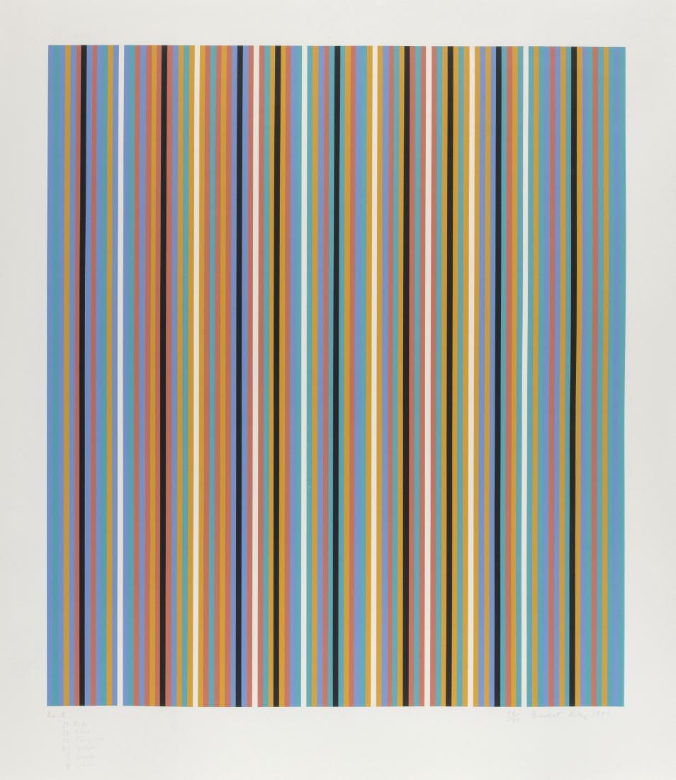 δ Bridget Riley (b.1931) RA 2 (Schubert 28): δ Bridget Riley (b.1931)RA 2 (Schubert 28)Screenprint in colours, 1981, signed, dated, titled and numbered from the edition of 75 in pencil, on wove paper, printed by Sally Gimson, published by A