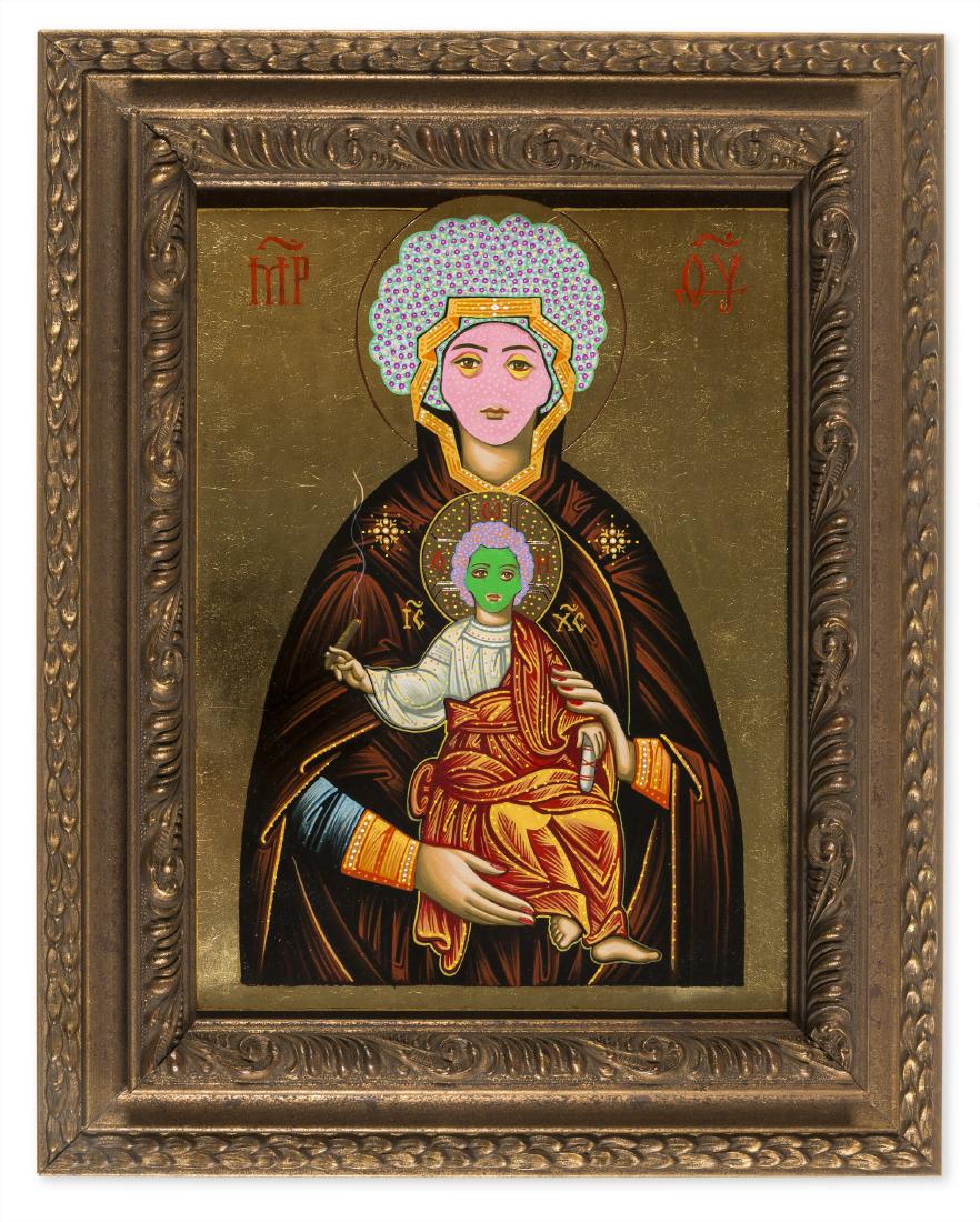 δ Paul Insect (b.1971) Psychedelic Saints: δ Paul Insect (b.1971)Psychedelic SaintsTempera and gold leaf on panel, 2012, signed and dated in pencil, inscribed in blue paint marker verso, within the artist's chosen frame, total size 360 x