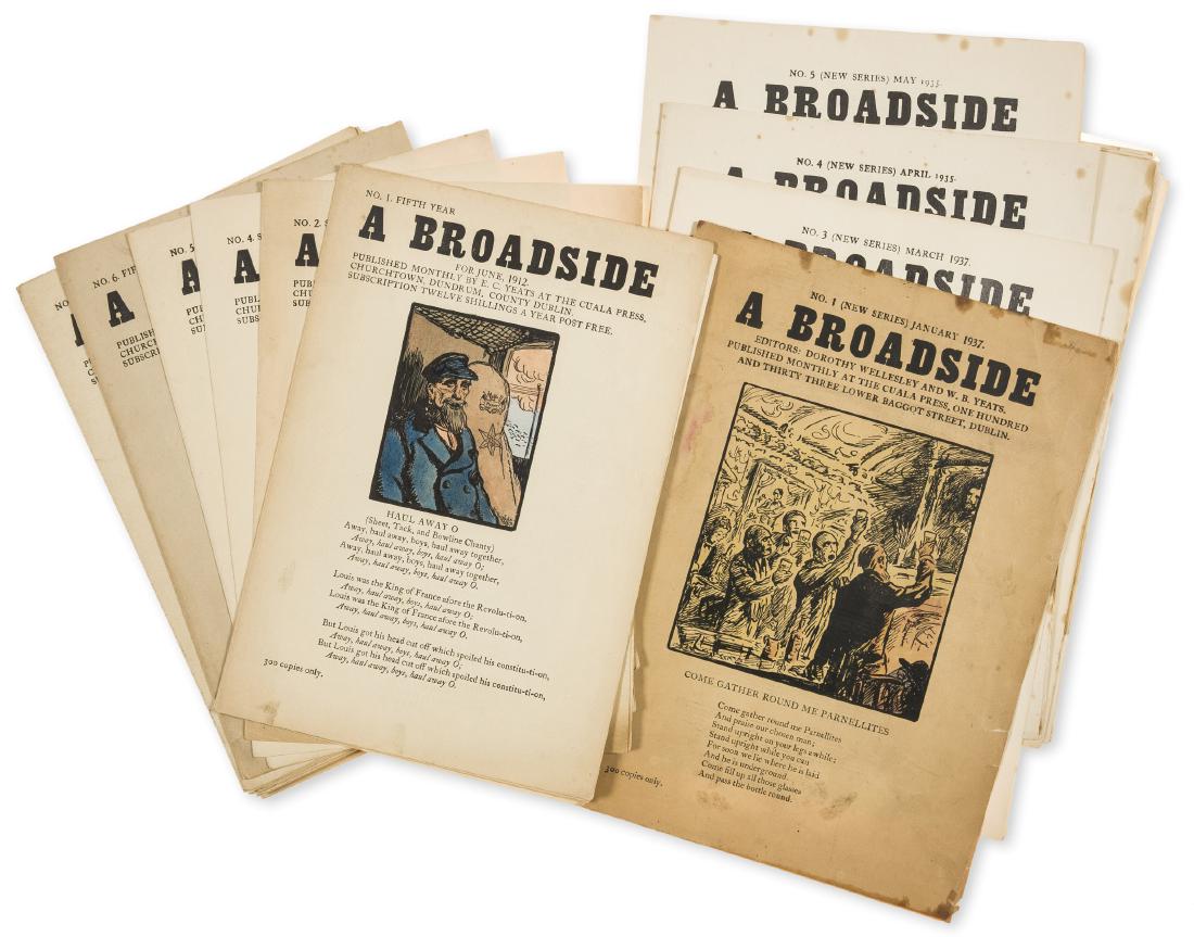 Cuala Press and Jack Yeats.- 49 issues from the: Cuala Press and Jack Yeats.- Broadside (A), First Year Nos. 9 & 10, Third Year Nos. 7, 10 & 11, Fifth Year Nos. 1, 4, 6, 8-12, Sixth Year Nos.1, 2, 5, 6, 8, 9, 11 & 12, Seventh Year Nos. 2, 4, 5, 7, 8