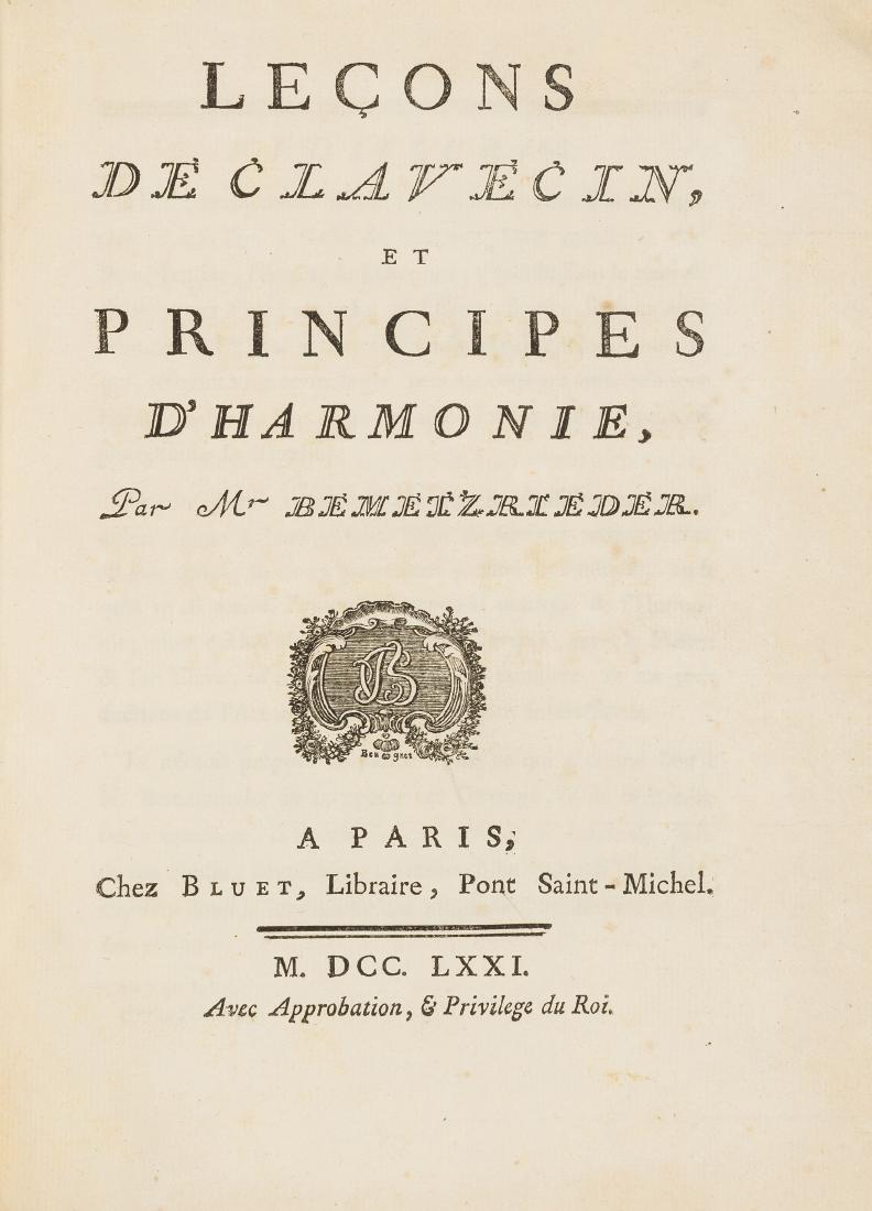 Music.- Diderot (Denis).- Bemetzrieder (Anton) Leç: Music.- Diderot (Denis).- Bemetzrieder (Anton) Leçons de Clavecin et Principes d'Harmonie, [edited by Denis Diderot], first edition, half-title, approbation/privilege leaf at end, musical notatio