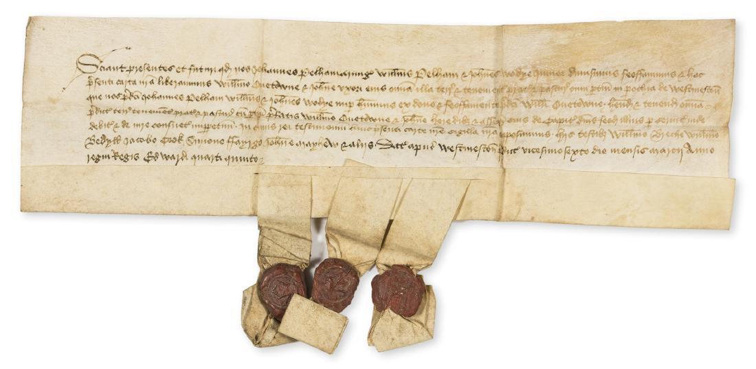 Sussex, Westmeston.- Charter, manuscript on vellum, 3: Sussex, Westmeston.- Charter by John Pelham, William Pelham & John Wodye junior, enfeoff to the freeman William Quetowne and Joan his wife all lands and tenements, meadows and pasture with their appur
