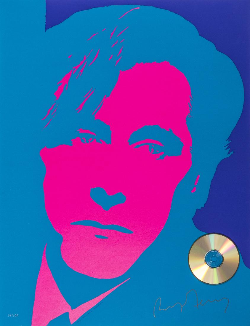 δ Bryan Ferry (b.1945) Self Portrait: δ Bryan Ferry (b.1945)Self PortraitScreenprint in colours with collaged Compact Disc, 1992, signed and numbered from the edition of 100 in pencil, on wove paper, as included in Columbus: In Searc