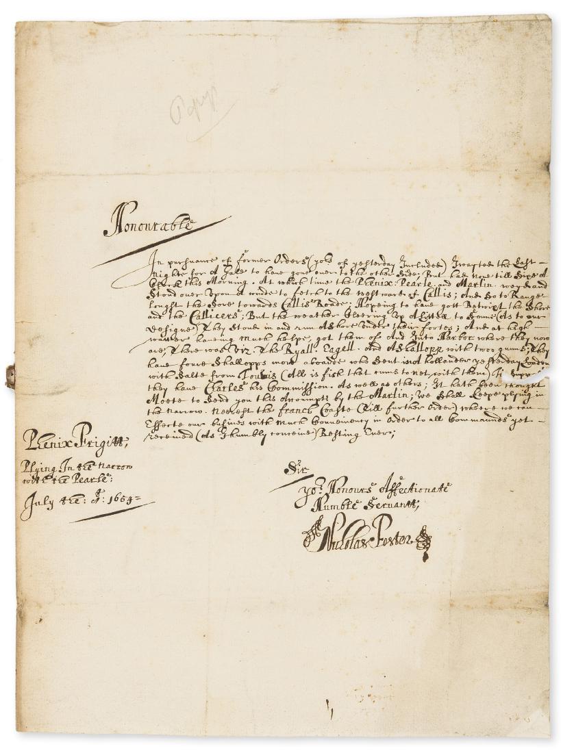Intelligence report on not allowing ships commissioned: Intelligence report on not allowing ships commissioned by Charles II to sell prizes in French ports during his exile.- Foster (Nicholas, Captain of the Phoenix Frigate) Intelligence report to Admiral 