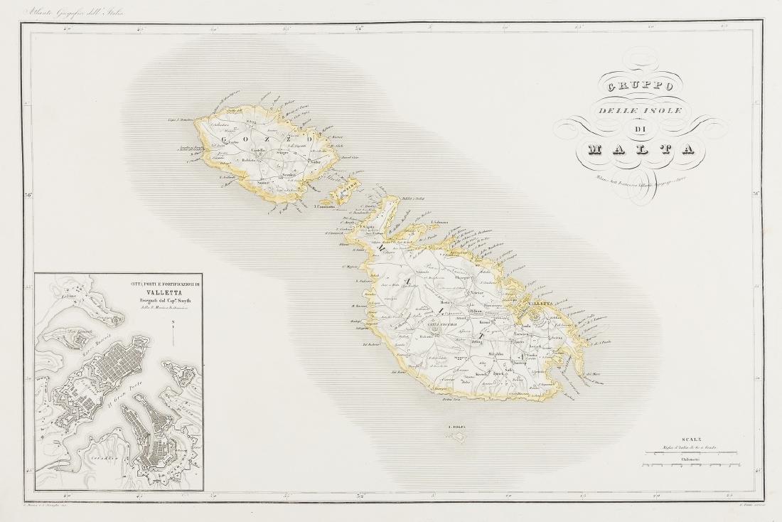 Malta.- Pozzi (G.) Gruppo delle Isole di Malta, map of: Malta.- Pozzi (G.) Gruppo delle Isole di Malta, map of the Maltese archipelago, with inset plan of Valletta in the lower left corner, engraving with outline hand-colouring, on wove paper without water