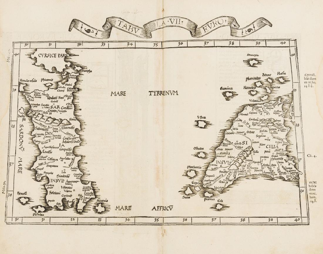 Sicily and Sardinia.- Fries (Lorenz) Tabula VII Euro,: Sicily and Sardinia.- Fries (Lorenz) Tabula VII Euro, Ptolemaic map of Sicily and Sardinia based upon Waldseemüller's map of 1513, woodcut on laid paper with watermark of an encircled anchor with
