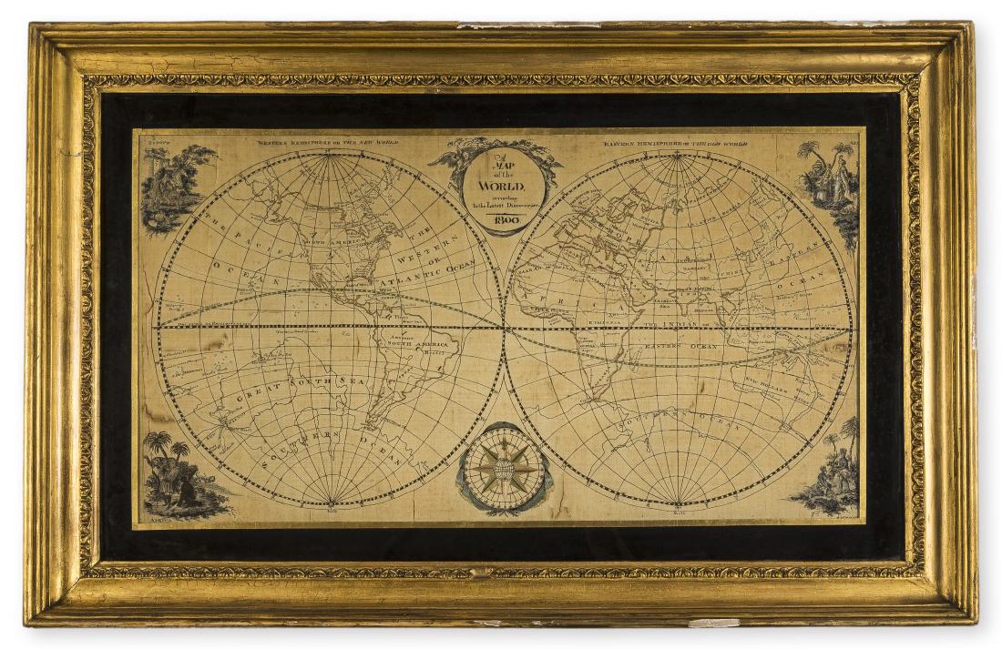 World.- Needlework.- Anonymous (1800) A Map of the: World.- Embroidered Map.- Anonymous (1800) A Map of the World, According to the Latest Discoveries, double-hemisphere world map with vignettes in each corner of Europe, Africa, Asia, and America, with
