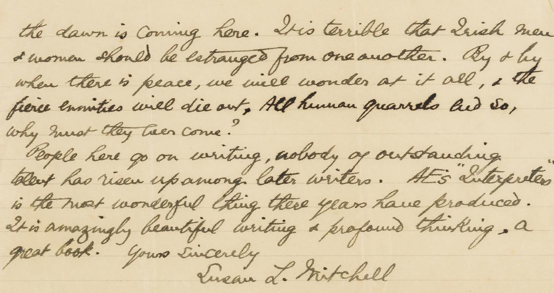 Irish Civil War.- Mitchell (Susan Langstaff) Autograph: Irish Civil War.- Mitchell (Susan Langstaff, Irish writer and poet, 1866-1926) Autograph Letter signed to Ignatius Mac Hugh, 3½pp., 4to, The Plunkett House, 84 Merrion Square, 23rd March 1923, on