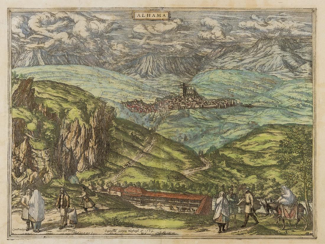 Spain.- Braun (Georg) and Franz Hogenberg.: Spain.- Braun (Georg) and Franz Hogenberg. Alhama, panoramic bird's-eye view of the town and the surrounding environs, with several figures in the foreground wearing traditional clothing of the region