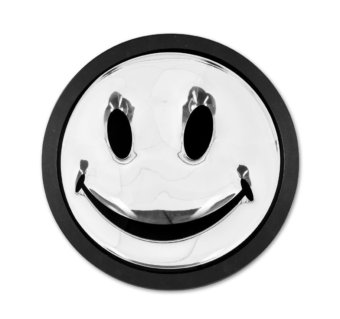 δ Ryan Callanan (RYCA) (b.1981) Silver Smiley: δ Ryan Callanan (RYCA) (b.1981)Silver SmileyPerspex, MDF, silkscreen printed glass, silver paint, aluminium and polyurethane resin, 2015, signed, dated and numbered from the edition of ten in bla