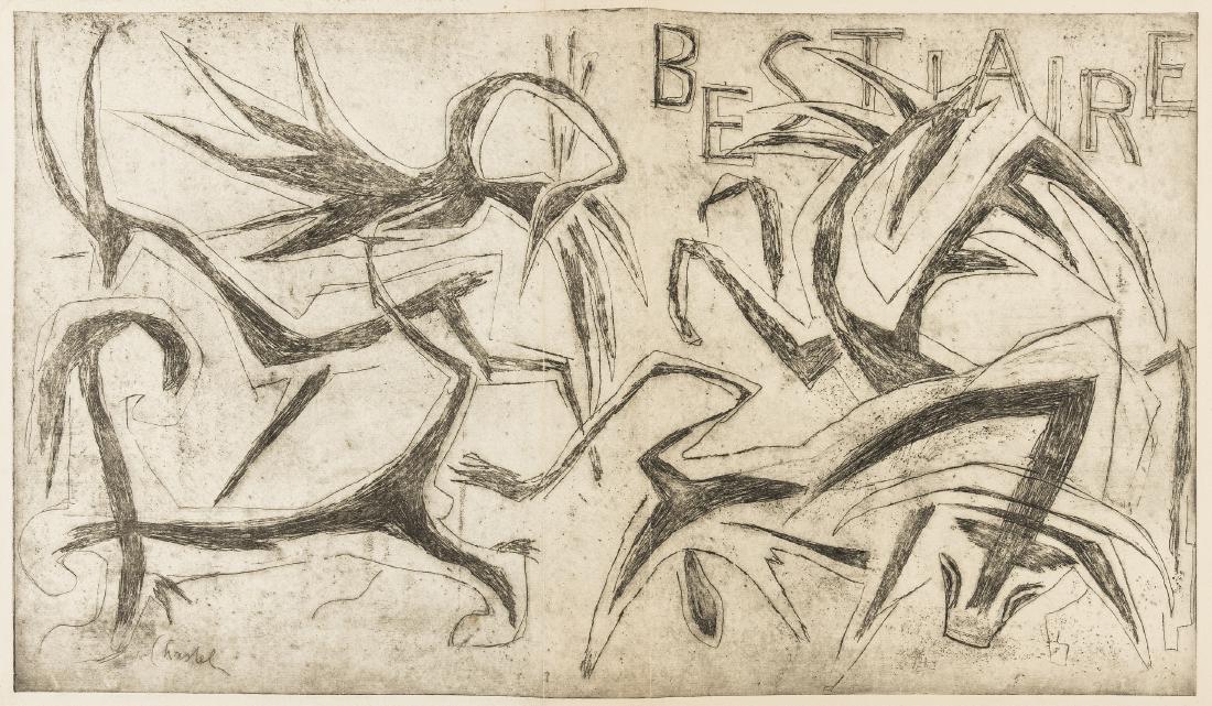 Eluard (Paul) Le Bestiaire, one of 148 copies, etchings: Eluard (Paul) Le Bestiaire, number 147 of 148 copies on vélin de Lana, from an edition limited to 196, 86 etched plates, illustrations and initials in colour by Roger Chastel, loose as issued in 