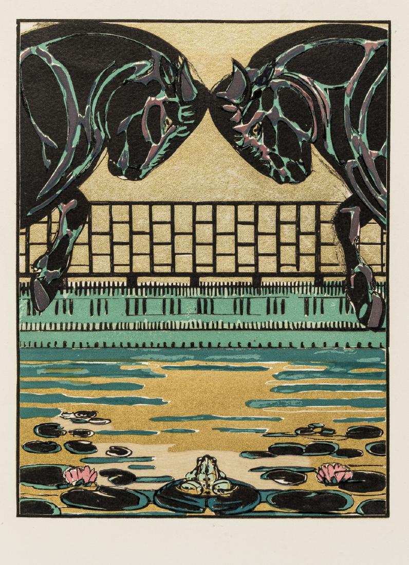 Jouve (Paul).- La Fontaine (Jean de) Fables, one of 150: Jouve (Paul).- La Fontaine (Jean de) Fables, number 85 of 150 copies signed by the publishers, printed in red, black and gold, 13 wood-engraved plates and numerous illustrations by Paul Jouve, all pri