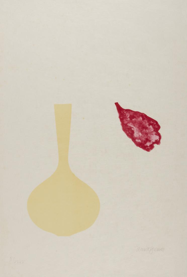 δ Derrick Greaves (b.1927) Vase and Falling Petal: δ Derrick Greaves (b.1927)Vase and Falling Petal (from Europaeische Graphik VII) Lithograph printed in colours, 1971, signed and numbered in roman numerals from the edition of 35 in pencil, on ja